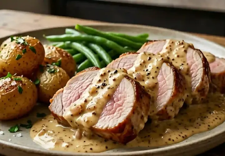 Tranches de filet mignon en sauce crémeuse, accompagnées de pommes de terre rôties et de haricots verts. Un plat savoureux.