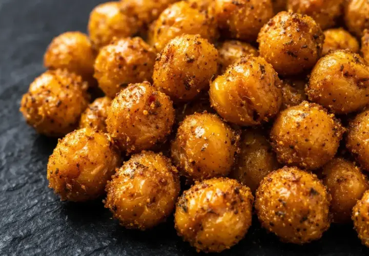 Gros plan sur des pois chiches au four, dorés et croustillants, assaisonnés d'épices. Parfait pour un snack sain.