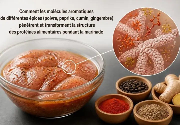 Marinade de poulet avec des épices, montrant l'interaction des molécules aromatiques des 4 épices avec les protéines alimentaires.