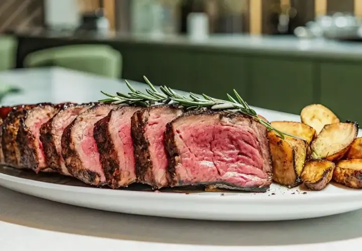 Un plat de côte de bœuf tranchée, saignante et garnie de romarin, accompagnée de pommes de terre rôties. Une recette côte de bœuf parfaite pour un repas d'exception.