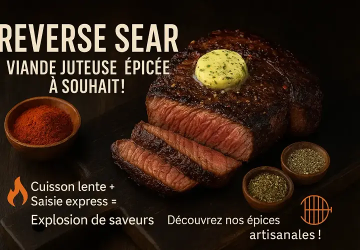 Un steak juteux, coupé en tranches, avec du beurre à l'ail et des épices. Le persillage de la viande est visible, promettant une explosion de saveurs.