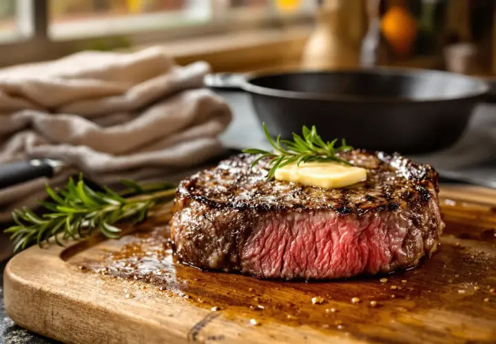 Un steak de bœuf juteux, parfaitement grillé au barbecue, avec une touche de beurre fondant et une branche de romarin sur une planche en bois.