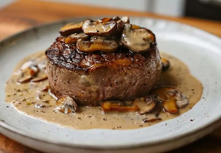 Un délicieux filet mignon moutarde, nappé d'une sauce crémeuse aux champignons, sur une assiette blanche.