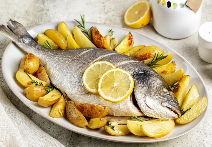 Dorade au barbecue à la portugaise, entière, dorée et savoureuse, accompagnée de pommes de terre rôties et de rondelles de citron.