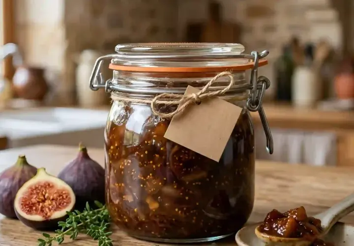 Un bocal de chutney de figues maison, avec des figues fraîches et du thym sur une table en bois.