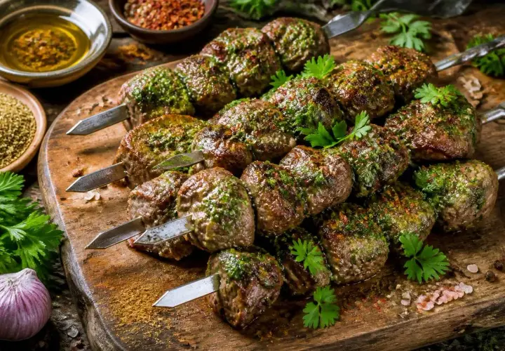 Brochettes d'agneau marinées, prêtes pour la cuisson au barbecue. Herbes fraîches et épices sur fond de bois.
