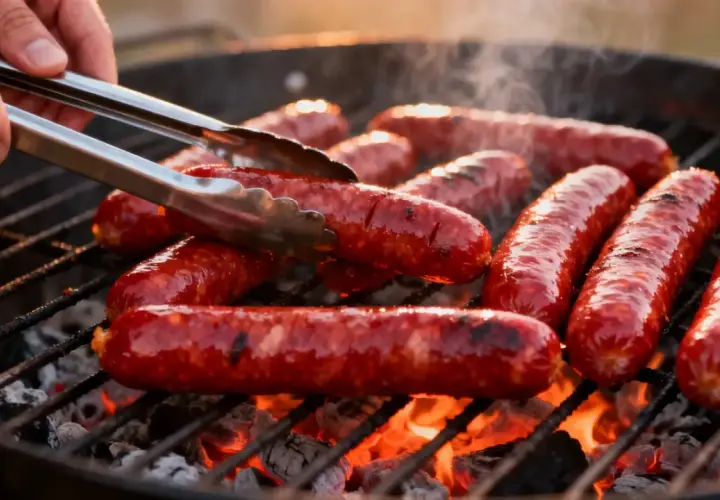 Des merguez juteuses grésillent sur un barbecue, dégageant une fumée alléchante. Un geste expert les retourne avec des pinces pour une cuisson parfaite.