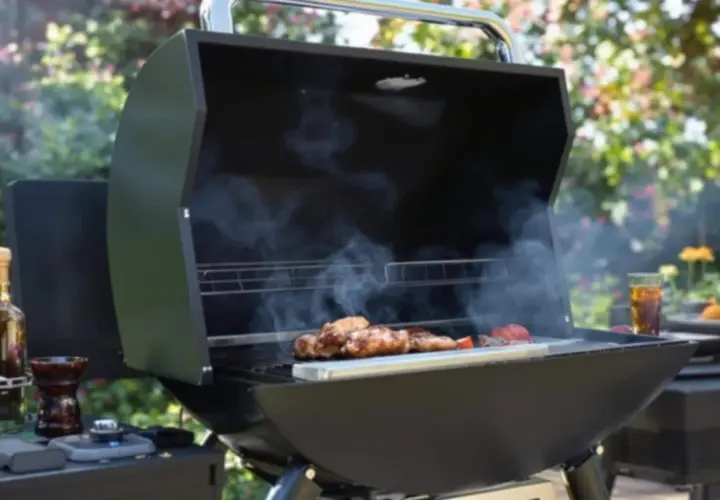 Viande et légumes grillés sur un brasero fumant. La réponse à la question : peut-on faire des grillades sur un brasero ? est oui !
