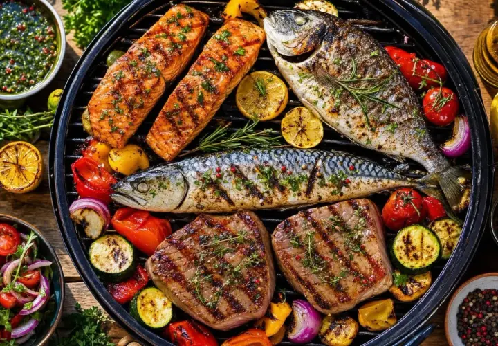 Poisson, saumon et steaks grillés sur un barbecue, accompagnés de légumes et d'une sauce verte. Une parfaite marinade poisson barbecue pour un repas estival.