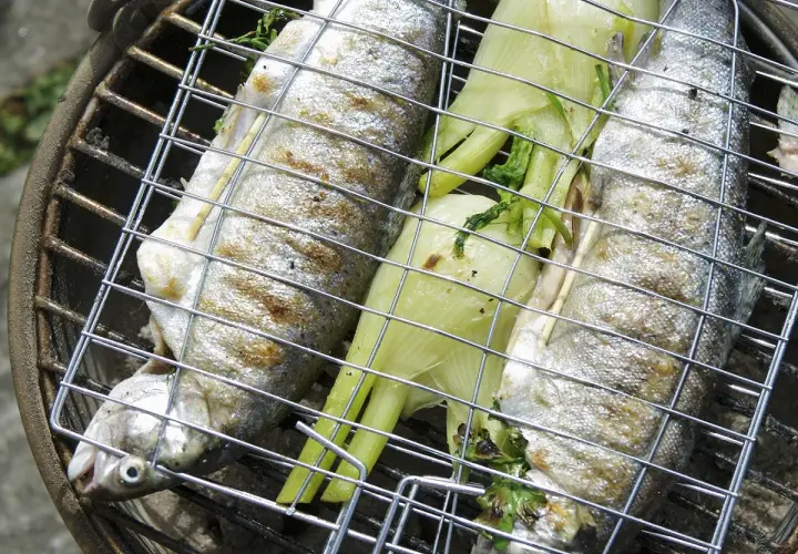 Trois truites entières sur un grill, accompagnées de fenouil, prêtes pour une recette truite barbecue.
