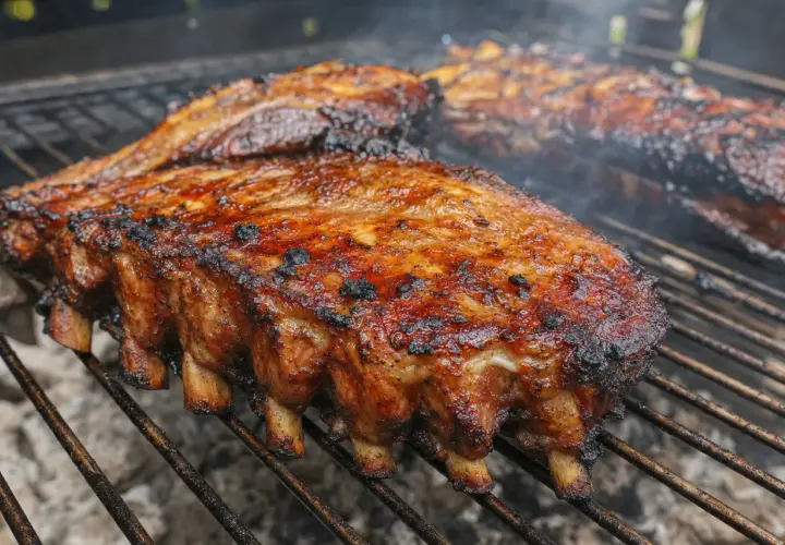 Côtes levées grillées, fumantes et caramélisées, parfaites pour une recette d'épices barbecue.