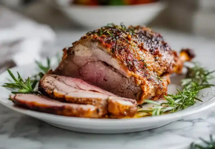Un gigot d'agneau rôti, tranché et servi sur une assiette ornée de romarin frais. La viande est rosée et la croûte dorée et savoureuse.