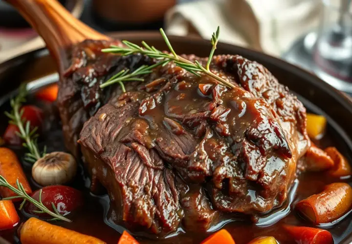 Un savoureux jarret de grillade, tendre et juteux, servi avec des carottes et des herbes aromatiques.