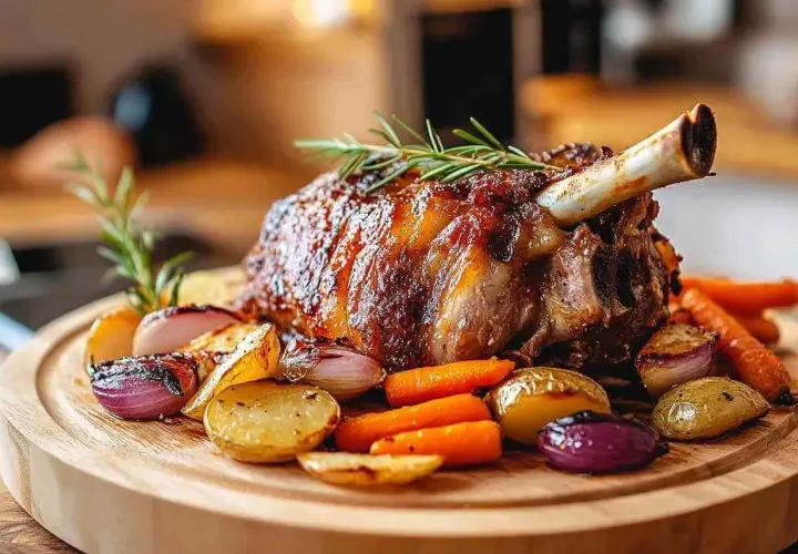 Un savoureux jarret de porc rôti, garni de romarin, servi avec des pommes de terre, des carottes et des oignons rouges sur une planche en bois.