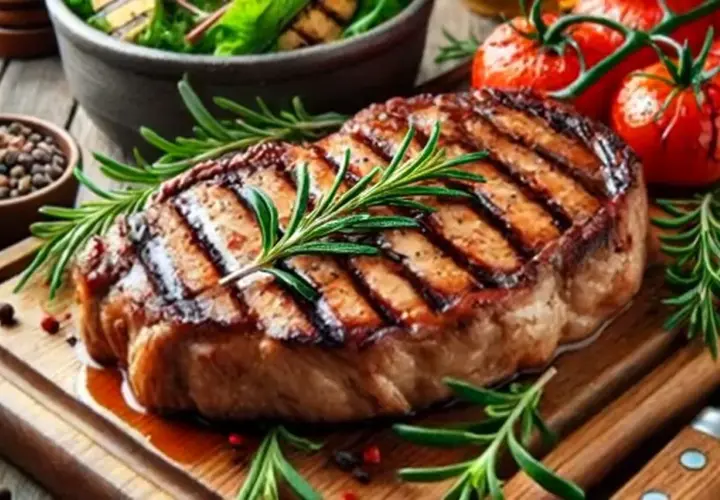 Un savoureux steak grillé, parfait pour une cuisson indirecte au barbecue, garni de romarin frais. Accompagné de tomates et d'une salade verte.