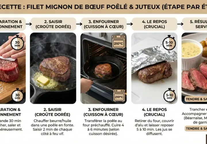 Étapes pour un filet mignon poêlé et juteux : préparation, saisie, cuisson au four, repos, puis dégustation avec sauce et garnitures.