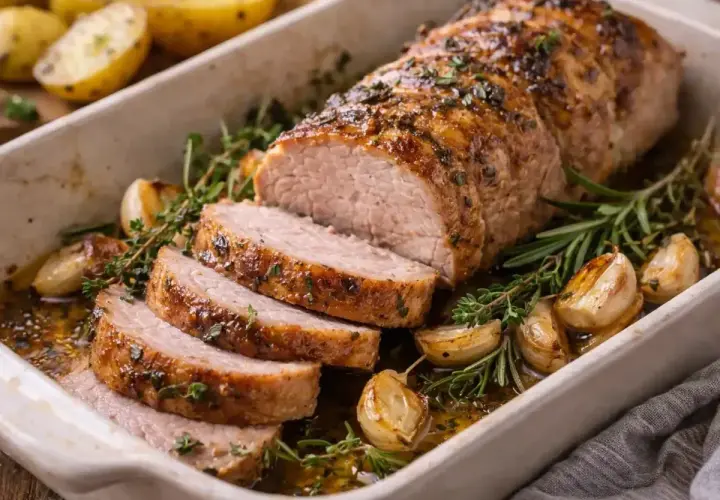 Filet mignon de porc rôti, tranché et servi avec des gousses d'ail confites et des herbes. Une recette parfaite pour un repas savoureux.