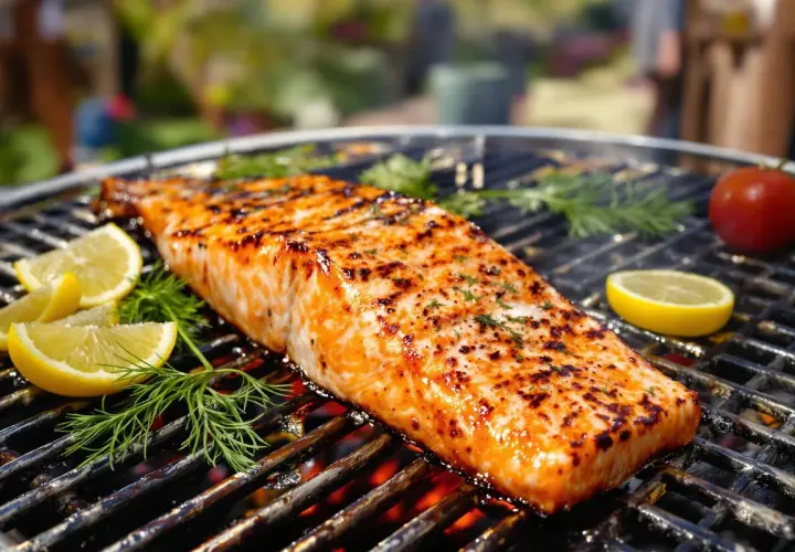 Un magnifique saumon entier au barbecue, grillé à la perfection, avec des quartiers de citron et de l'aneth.