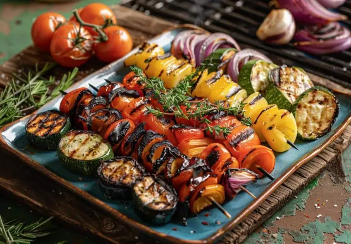Brochettes de légumes grillés, tomates, courgettes, poivrons jaunes et oignons rouges, parfaits pour un brasero.