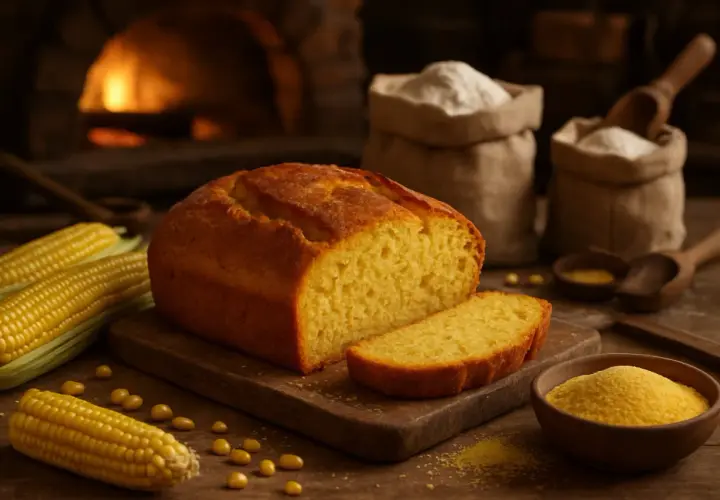 Un pain au maïs doré, coupé en tranche, est présenté avec des épis de maïs frais et de la farine. Un feu de cheminée réchauffe la scène.
