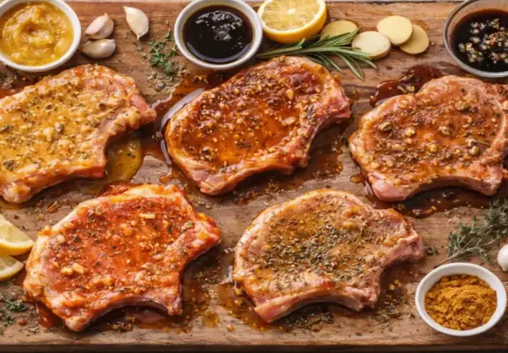 Cinq côtelettes de porc crues, prêtes pour la cuisson, sont disposées sur une planche en bois. Elles sont généreusement recouvertes d'une marinade savoureuse, avec des herbes et des épices. Autour, on trouve des ingrédients pour la marinade : moutarde,...