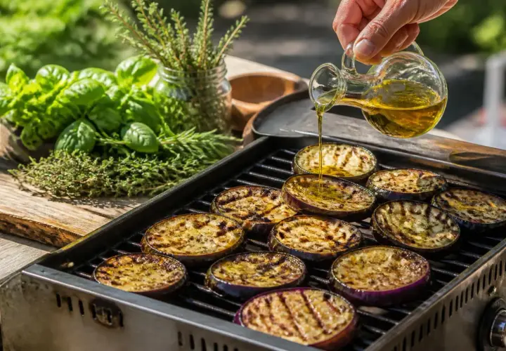 Tranches d'aubergine grillées sur un barbecue, arrosées d'huile d'olive. Herbes fraîches en arrière-plan.