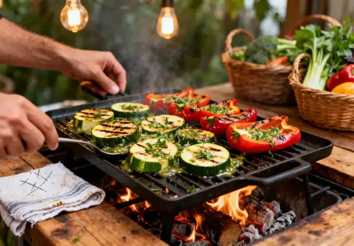 Courgettes et poivrons rouges grillés sur une plancha, un délicieux accompagnement plancha aux herbes fraîches.