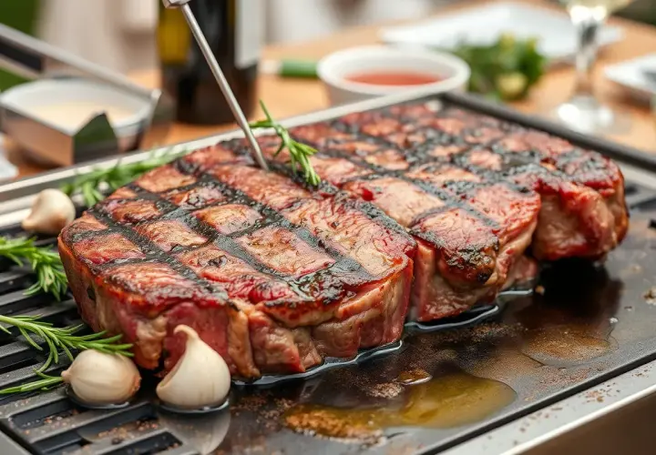 Succulent steaks grillés sur une plancha, avec romarin et ail. Une recette plancha parfaite pour un repas savoureux.