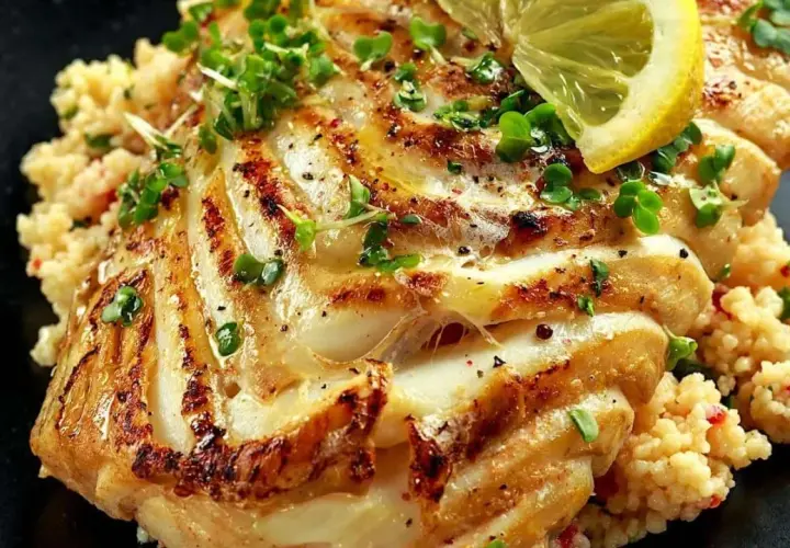 Un délicieux filet de poisson au barbecue, grillé à la perfection, servi sur un lit de couscous et garni de pousses fraîches et d'une tranche de citron.