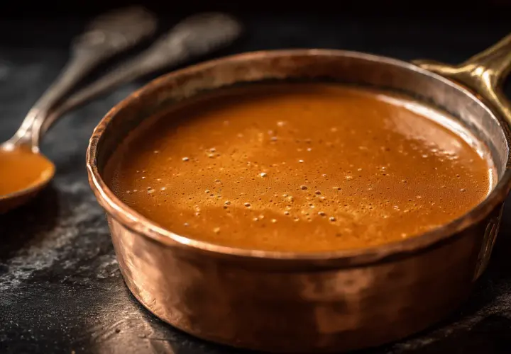 Une cuillère en argent repose à côté d'une casserole en cuivre remplie d'une sauce américaine onctueuse et mousseuse, prête à être dégustée.