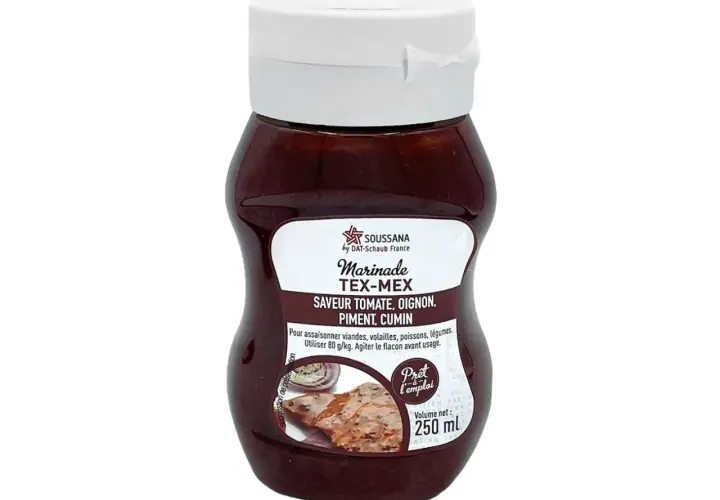 Bouteille de marinade Tex-Mex Soussana, saveur tomate, oignon, piment et cumin. Idéale pour assaisonner viandes, volailles, poissons et légumes.