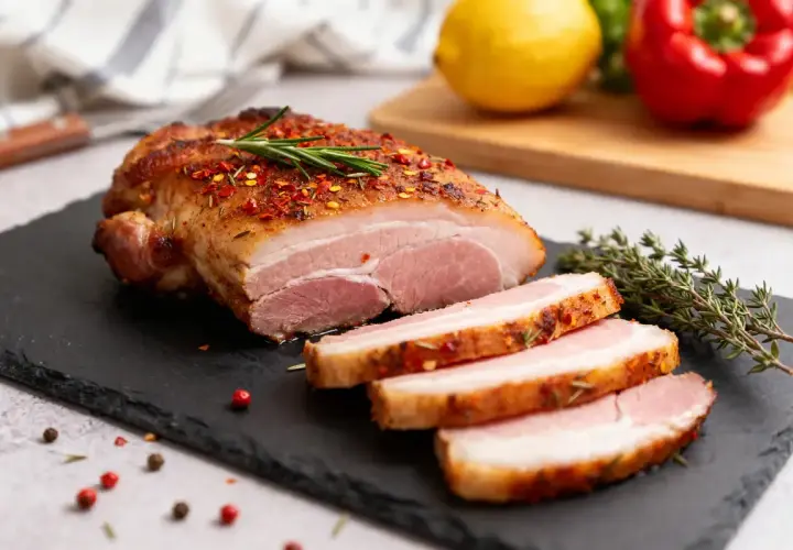 Pluma de porc recette : un rôti de porc juteux, coupé en tranches, assaisonné d'épices et de romarin, prêt à être dégusté.