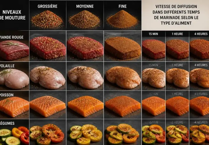 Différents aliments (viande, volaille, poisson, légumes) marinés avec un mélange 4 épices de mouture fine, moyenne ou grossière, montrant la diffusion de la marinade.