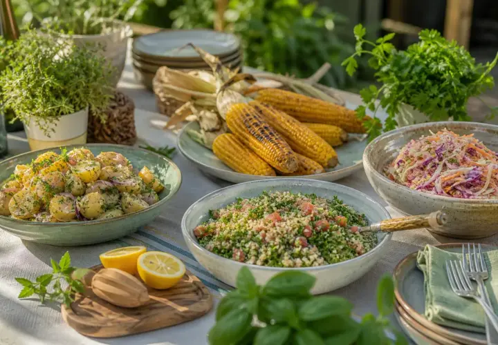 Salade de pommes de terre, taboulé, salade de chou et épis de maïs grillés, un accompagnement barbecue parfait pour un repas ensoleillé.