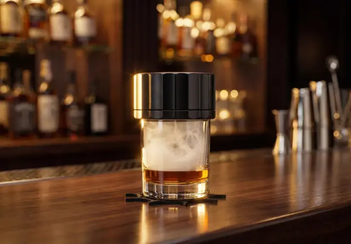 Verre de whisky fumé, montrant comment fonctionne un fumoir à cocktail. Des bouteilles d'alcool en arrière-plan.