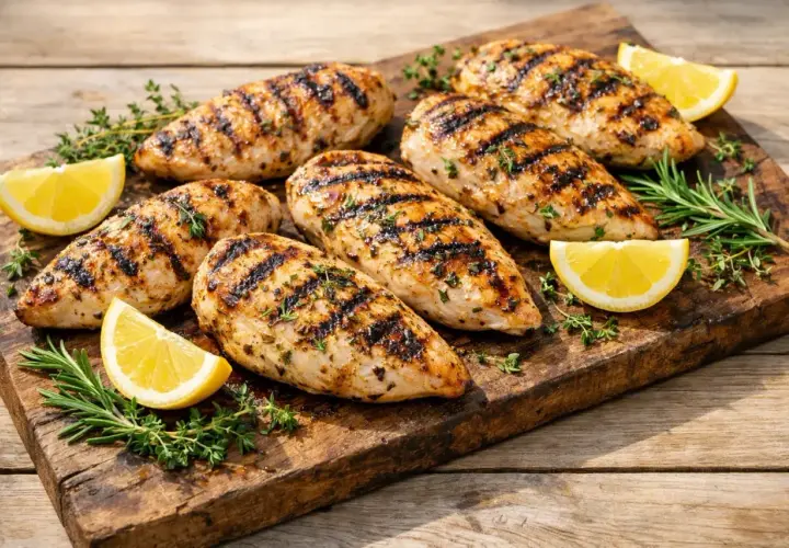 Poitrines de poulet grillées, garnies d'herbes et de quartiers de citron. La meilleure marinade poulet citron pour un repas savoureux.