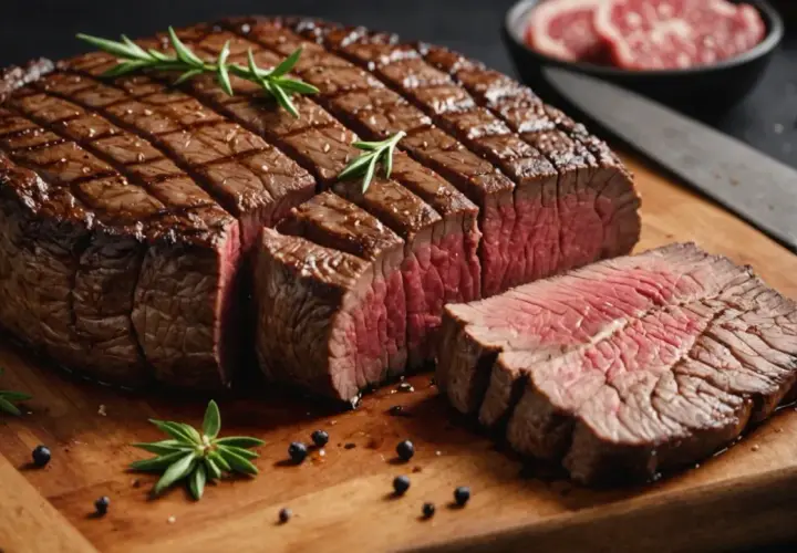 Un succulent pavé de boeuf, grillé à la perfection, est coupé en tranches sur une planche en bois, garni de romarin et de grains de poivre.