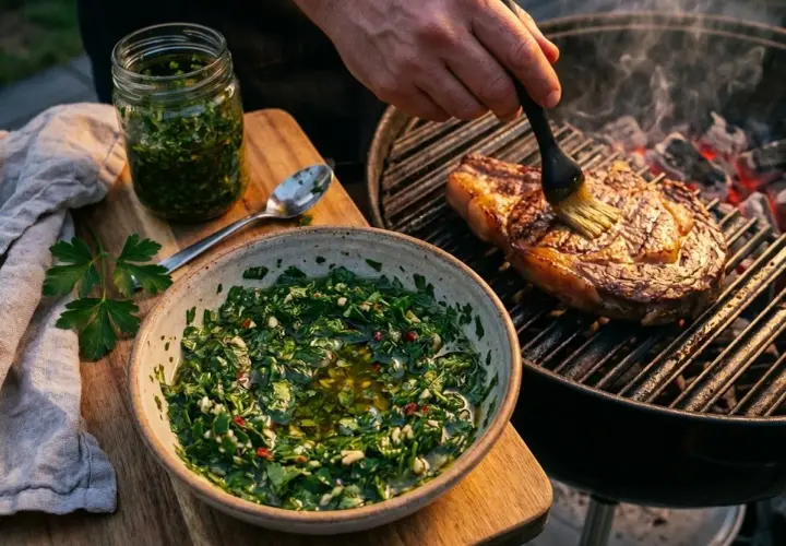 Un steak grillé est badigeonné avec une sauce chimichurri fraîche et vibrante, prête à être dégustée.