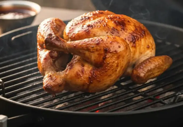 Un poulet au barbecue doré et juteux cuit sur un gril, dégageant une vapeur appétissante.
