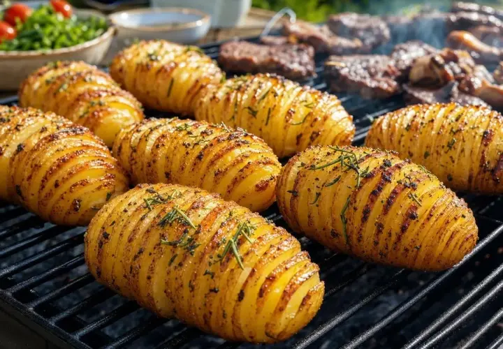 Pommes de terre hasselback dorées et savoureuses sur le barbecue, parsemées d'herbes fraîches. Un délice pour accompagner vos grillades.
