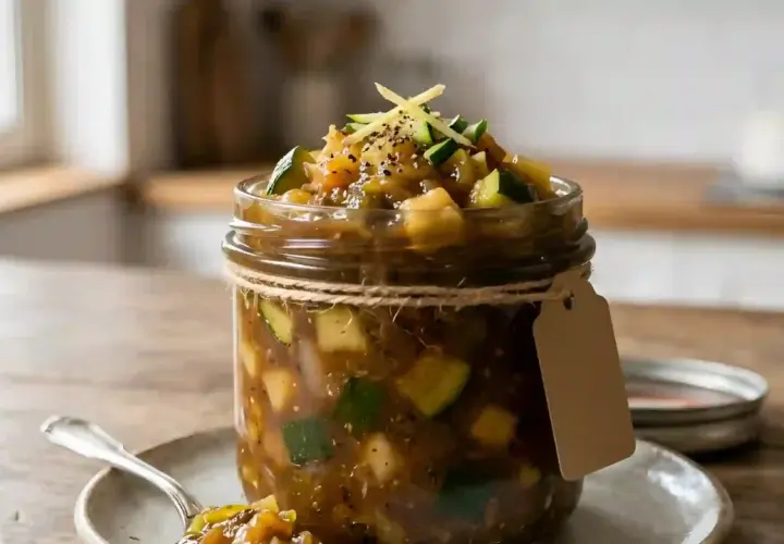 Un bocal de chutney de courgettes, garni de gingembre et de poivre, prêt à être dégusté.