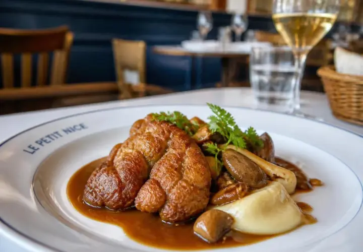 Un plat de ris de veau doré, servi avec une purée onctueuse, des champignons et une sauce savoureuse. Un délice pour les gourmands.