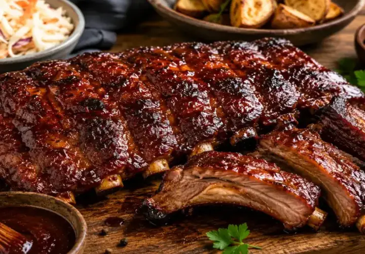 Côte à l'os marinée, brillante et caramélisée, servie avec des pommes de terre rôties et une salade de chou. Un délice à savourer !