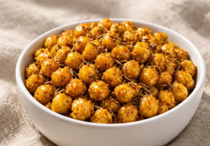Un bol de pois chiche grillé, croustillants et épicés, parsemés de graines de cumin. Un snack sain et savoureux.