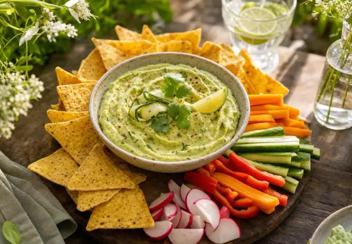 Un délicieux guacamole de courgettes, servi avec des tortillas et des crudités colorées. Parfait pour un apéritif frais et sain.