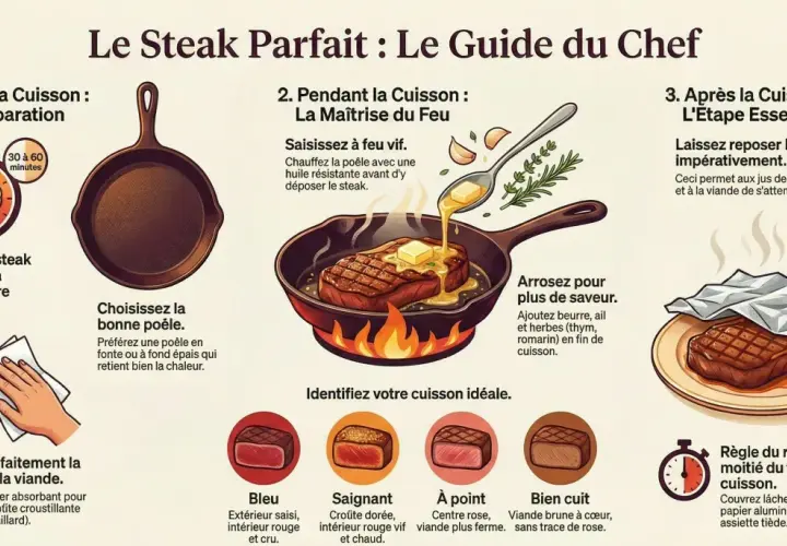 Un steak saignant, cuit à la perfection, avec une croûte dorée et un intérieur rouge vif. Le guide du chef pour une viande savoureuse.