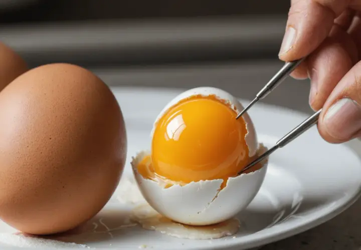 Un œuf fumé, à la coquille craquelée, révèle un jaune d'une richesse éclatante. Une main utilise des pinces pour le manipuler délicatement.