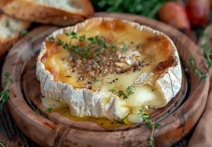 Un camembert au feu de bois, fondant et doré, garni de thym et de pain grillé à proximité.