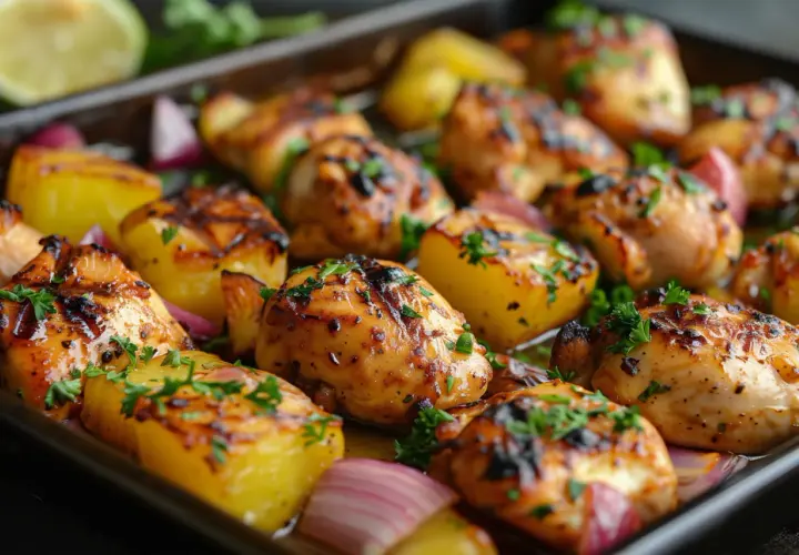 Poulet et pommes de terre grenaille au barbecue, parsemés de persil frais. Un plat savoureux prêt à être dégusté.