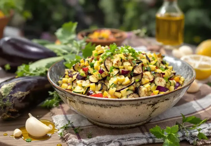 Un délicieux caviar de courgettes, coloré et frais, garni de persil. Des aubergines et des citrons sont disposés autour.
